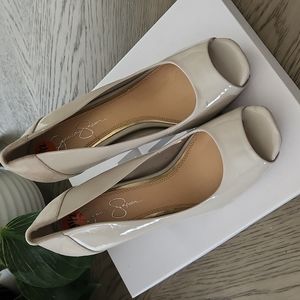 Peep toe patent and suede heels. Slightly worn.